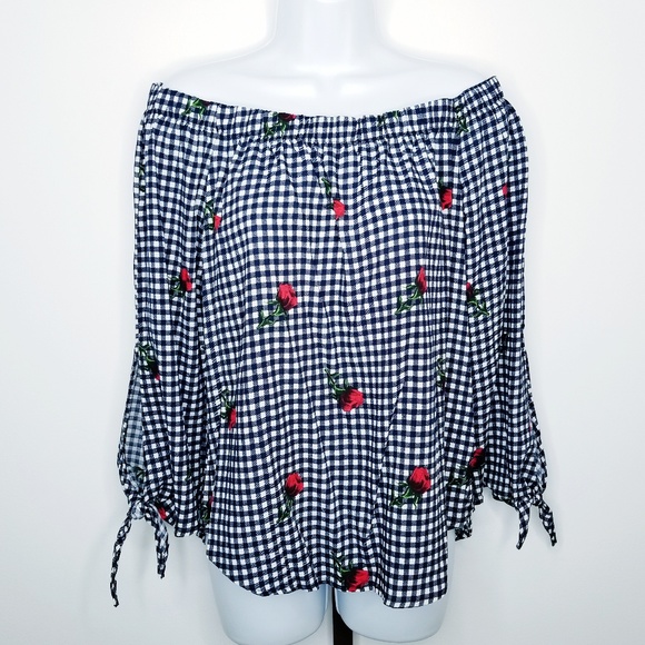 JODIFL Tops - JODIFL Gingham Rose Tie Sleeve Off Shoulder Blouse